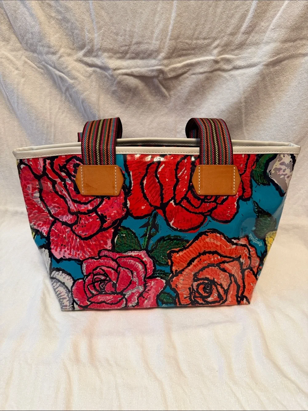 Consuela Painted Floral Canvas Tote with Striped Web Handles.